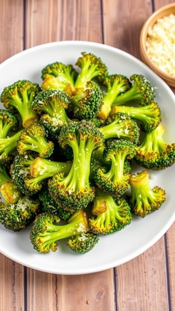 Crispy air fryer broccoli with Parmesan cheese on a white plate, garnished and ready to serve.